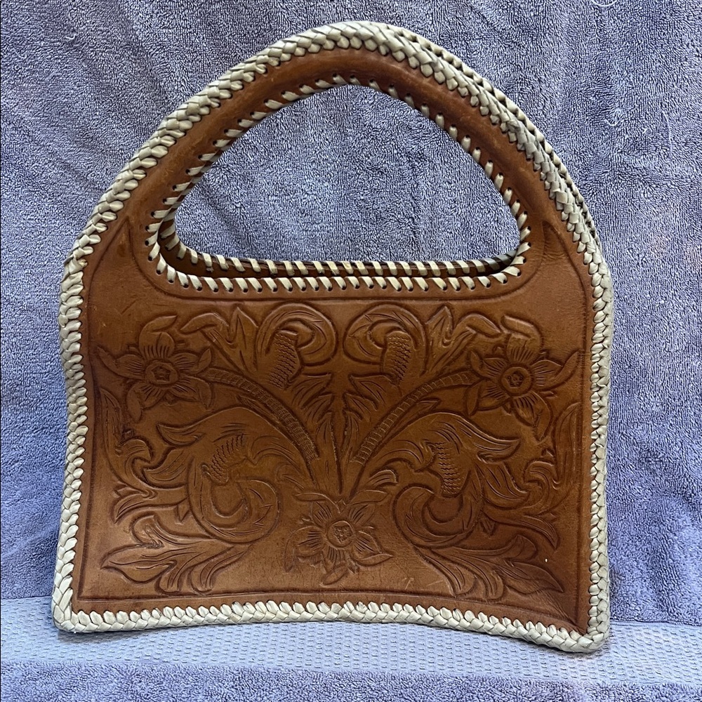 Brown Floral Embossed Leather Handbag